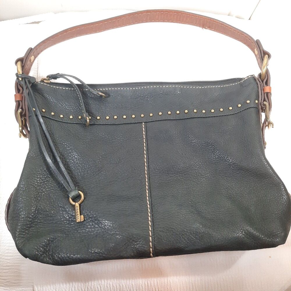 Vintage FOSSIL Black Purse Pebbled Leather Shoulder Bag Brown hobo key 75082